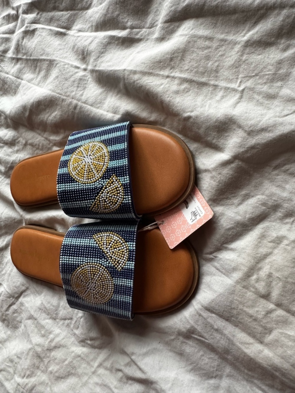 Nanette Lepore Beaded Lemon Slide Sandals Blue Stripe Size 9.5 - Picture 8 of 8